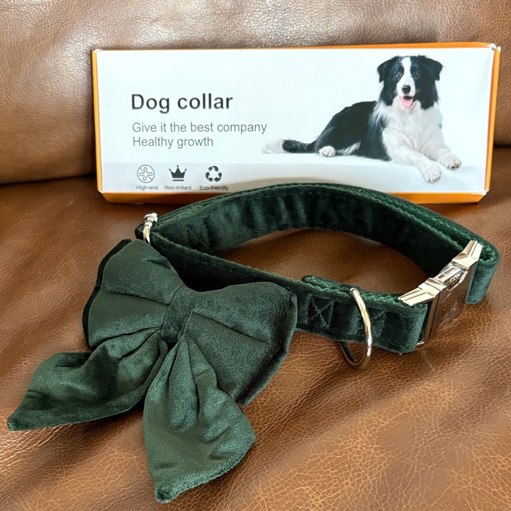 Velvet Bow Dog Collar in Dark Green